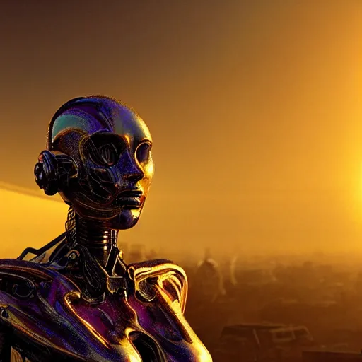 Image similar to a cybernetic symbiosis, cybernetic mech cyberpunk woman, organic ceramic fractal forms, golden hour lighting, film still from the movie directed by denis villeneuve with art direction by wayne barlowe and salvador dali, wide lens