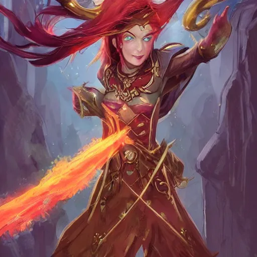 Image similar to a female elven cleric with red long hair, very good beautiful heavy scale armor, wearing a cape, casting a fire spell, dungeon background, magical, bright, colorful, fantastic lighting, amazing details, 4 k uhd, illustration by stephanie brown and mingchen shen and ilya kuvshinov, artstation, pixiv, concept art,