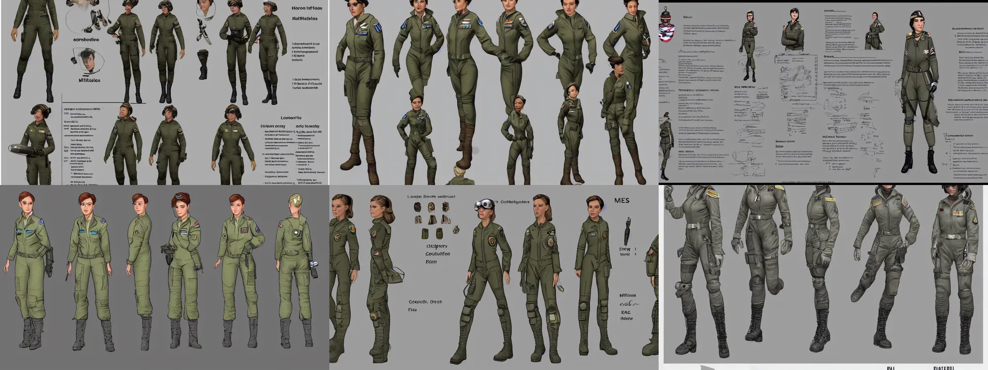 Prompt: a Character reference sheet of a military female pilot