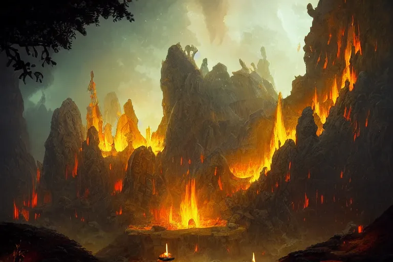 Prompt: Detailed Exterior of Temple Ruins, Volcanic Fire Hell, light of god, light shafts, candles, stunning atmosphere, in Style of Peter Mohrbacher, cinematic lighting