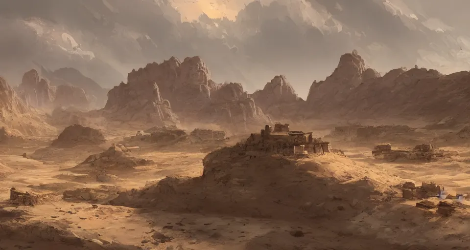 Image similar to a distant desert village, no mountains, artstation, cgsociety