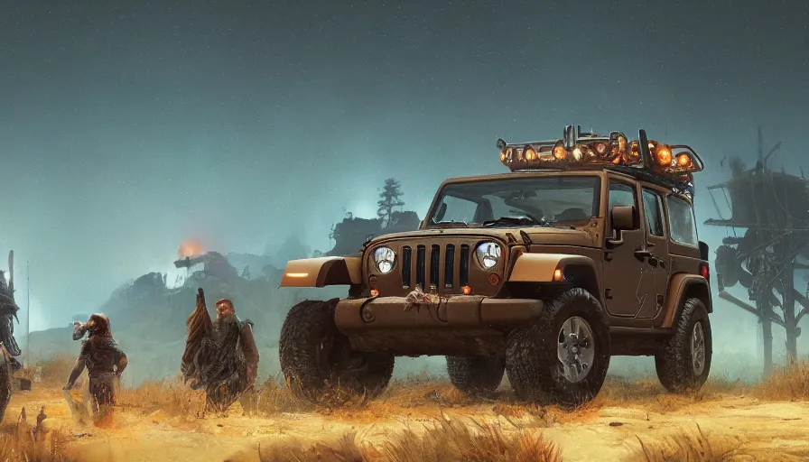 Image similar to single jeep wrangler, tribe members watching nearby, an epic fantasy, dramatic lighting, cinematic, establishing shot, extremely high detail, photorealistic, cinematic lighting, artstation, by simon stalenhag, horizon forbidden west