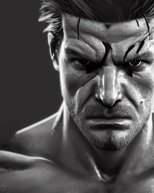 Prompt: solid snake bust portrait, cinematic lighting, backlit face, anguished depressed expression, close - up, black atmospheric background, 4 k photorealistic render, best of artstation hdr, redshift houdini