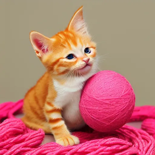 Prompt: orange tabby kitten playing with a ball of yarn, photorealistic, pink background