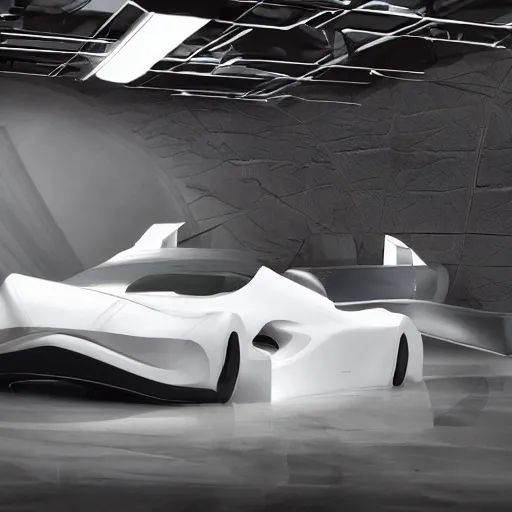 Image similar to sci-fi sport car f1 hatchback transport design zaha hadid organic smooth elastic forms 20% of canvas on the front; background wall structure on the coronation of napoleon painting 30% of canvas; by Jacques-Louis David, pinterest keyshot product render, cloudy plastic ceramic material shiny gloss water reflections, ultra high detail ultra realism, 4k