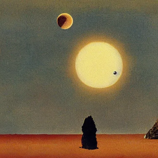 Image similar to Illustration. A beatiful illustration of a planet with two moons in the background. In the foreground, there is a woman wearing a spacesuit and holding a phaser. She is standing on a rocky surface, and there is a ship in the distance. claymation by Max Ernst robust