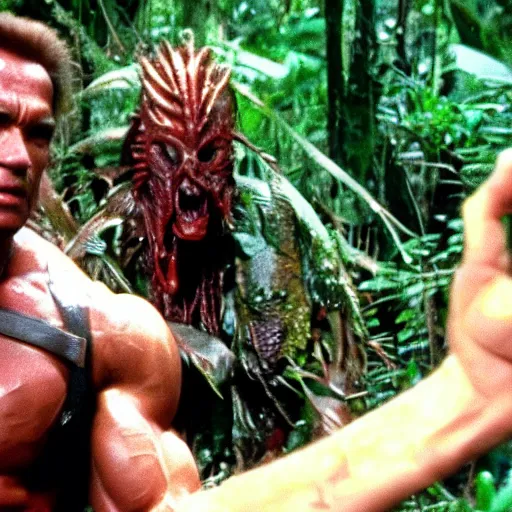 Prompt: arnold schwarzenegger in predator ( 1 9 8 7 ), 8 k wide shot