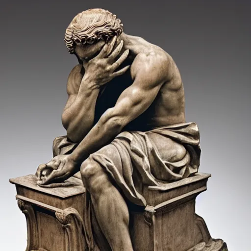 Prompt: photo of a richly detailed sitting marble statue of a facepalming at his slow laptop on his lap by leonardo davinci