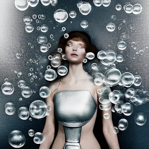 Prompt: medium shot of a woman wearing an armor made of bubbles. soft. fragile. by ray caesar. by louise dahl - wolfe. by anna claren. surreal photography