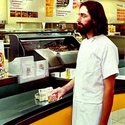 Prompt: Jesus working the counter at McDonald’s real photo