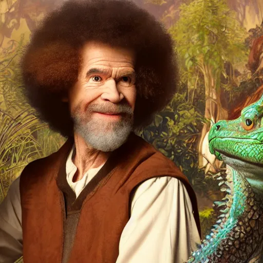 Image similar to an ultra detailed matte painting of bob ross dressed as a wandering elf druid, large alligator animal familiar!!! d & d, fantasy concept art by alphonse mucha and greg rutkowski, octane render, 8 k, detailed face