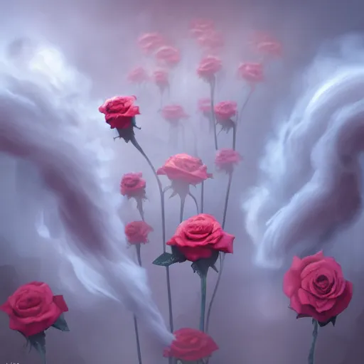 Prompt: Roses made from puffs of smoke, hazy, atmospheric, inspiring, digital art, award winning, artstation,