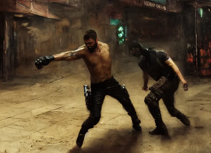 Prompt: sam fisher knocking out a guard ( blade runner 2 0 4 9, dystopian, cyberpunk 2 0 7 7 character design ). orientalist portrait by john william waterhouse and james gurney and theodore ralli and nasreddine dinet, oil on canvas. cinematic, hyper realism, realistic proportions, dramatic lighting, high detail 4 k