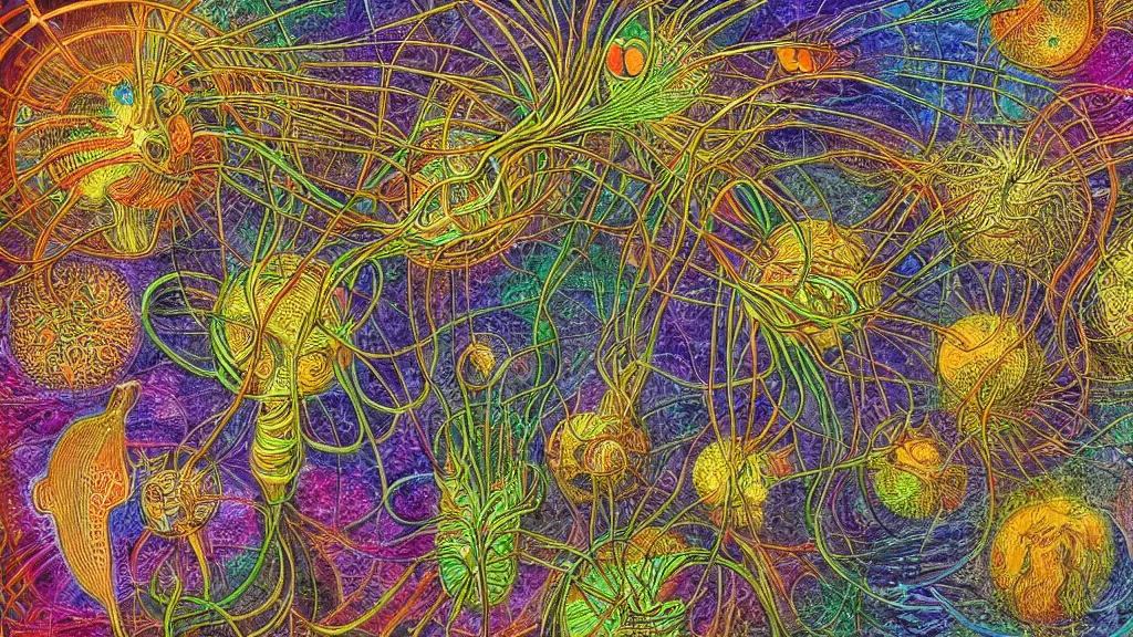 Prompt: quantum connections represented as symbiotic organisms like cells playing around with colorful lights by ernst haeckel, lightfull