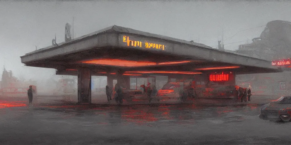 Image similar to a highly detailed epic cinematic concept art CG render digital painting artwork: Soviet gas station, fog. By Greg Rutkowski, in the style of Francis Bacon and Syd Mead and Norman Rockwell and Beksinski, open ceiling, highly detailed, painted by Francis Bacon and Edward Hopper, painted by James Gilleard, surrealism, airbrush, Ilya Kuvshinov, WLOP, Stanley Artgerm, very coherent, triadic color scheme, art by Takato Yamamoto and James Jean