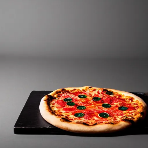 Image similar to Photograph of a pizza with eyeballs on it, studio lighting