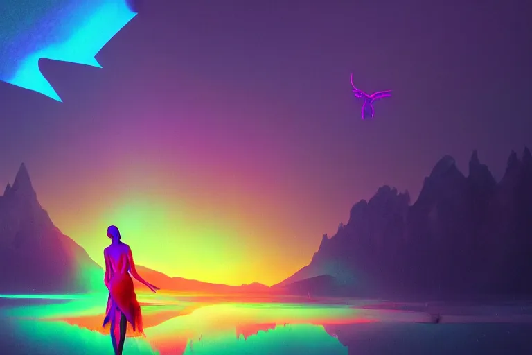 Prompt: wide wide photo of surreal beautiful beautiful woman (((dynamic neon lighting)) in chromatic dmt trippy lake with glowing birds, mountains, elegant, highly detailed, sharp focus, illustration, beautiful, geometric, trending on artstation, cinematic, artwork by Tran, Ross and Aivazovsky, Ivan