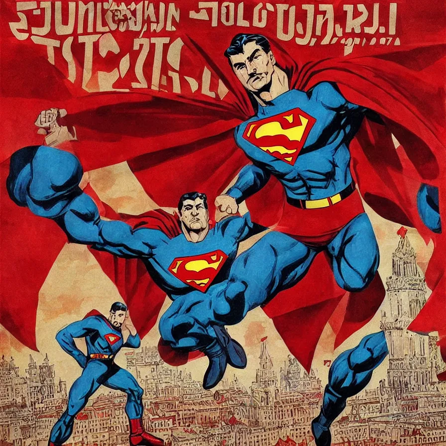 Image similar to epic comic book cover of stalin as superman floating over the red square ( moscow ), soviet propaganda poster, socialist realism, aesthetically pleasing, finely detailed facial features, photorealistic, intricate digital art, trending artstation, artgem, rich moody colors, fan art, concept art, in the style of the red son and invincible