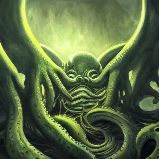 Image similar to cthulhu sleeps at r'lyeh. dramatic. wide angle. digital painting. trending on art station.