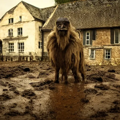 Prompt: horror, moody, still from film, daytime, muddy village square, wide shot, roaring mutant goat monster, powerful and huge, creeping on legs with hands instead of feet, filthy jagged teeth in gaping mouth, matted brown fur, in muddy medieval village square