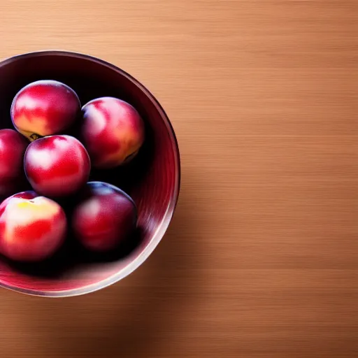 Image similar to concept art of a single thick porcelain bowl filled with a few moist freshly picked plums on a wooden table. volumetric lighting. 4 k. small scale. artistic. top down.