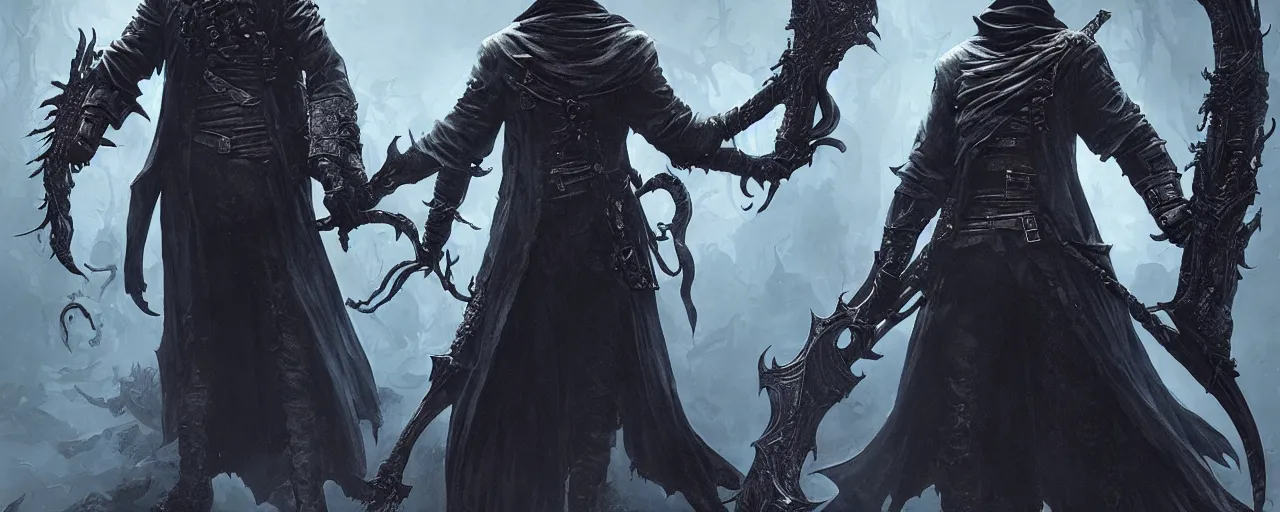 Prompt: A full body portrait of a bloodborne character art by Cedric Peyravernay, Grzegorz Rutkowski and Jason Chan, cosmic horror ominous, mysterious