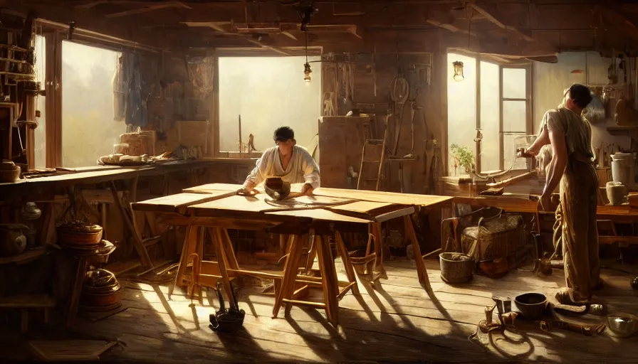 Image similar to highly detailed oil painting | very intricate | cinematic lighting | award - winning | simple carpenter fine craftsman | building a wooden table in their well organized clean workshop | beautiful cinematic light, american romanticism, by huang guangjian, gil elvgren, ruan jia, randy vargas, greg rutkowski, artstation, cgsociety, official art, octane