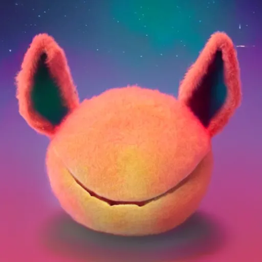 Image similar to an alien with a face that looks like a fuzzy peach the peach is fuzzy pink warm and ripe the alien has horns and a mean smile, 4k, highly detailed, high quality, amazing, high particle effects, glowing, majestic, soft lighting