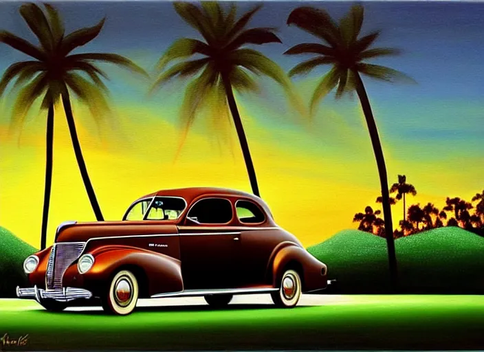 Prompt: beautiful painting, 1 9 3 7 pontiac sedan, tan, dark brown fenders, palm trees in the background, sunset, dramatic lighting