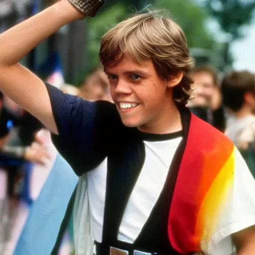 Prompt: rotj luke skywalker goes to pride, getty images, victorious, flags, parade, gay rights, bright smiles, daylight, twenty three year old luke skywalker at gay pride, 3 5 mm photography, played by young mark hamill, very happy, smiling