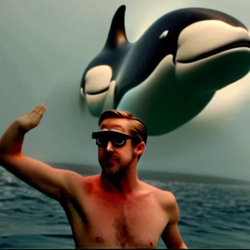 Prompt: ryan gosling in swimming trunks and cyberpunk style goggles rides a killer whale in a vulcano
