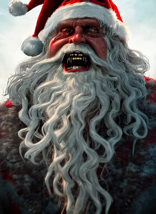 Prompt: An epic fantasy comic book style portrait painting of a long haired, evil Santa Claus played by Barry Bostwick in the abandoned North-pole fighting a Krampus monster, unreal 5, DAZ, hyperrealistic, octane render, by Greg Rutkowski, RPG portrait, dynamic lighting