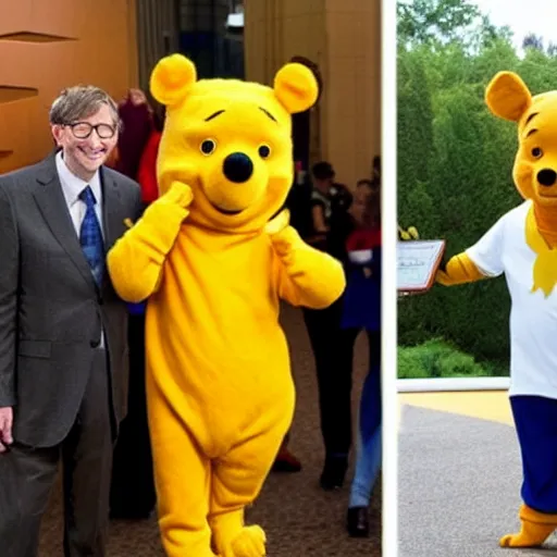 Prompt: bill gates cosplaying as winnie the pooh, bill gates wearing winnie the pooh costume, cosplay award winner