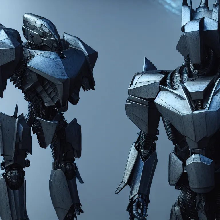 Prompt: hyper detailed photorealistic cinematic rendering with volumetric lightning and ray tracing, blue skinny full body armored core, weathering armor plating, endoekeleton exposure, 8 k, octane render, unreal engine, ray tracing