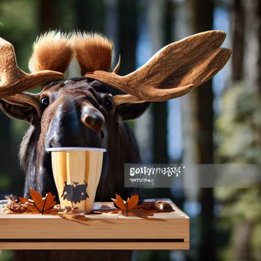 Image similar to a moose with maple leaves on antlers selling coffee at a stand, realistic, 8 k