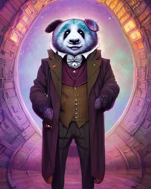 Image similar to anthropomorphic art of a detective panda inside tardis, victorian inspired clothing by artgerm, victo ngai, ryohei hase, artstation. fractal papersand books. highly detailed digital painting, smooth, global illumination, fantasy art by greg rutkowsky, karl spitzweg, doctor who