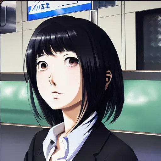 Image similar to anime headshot portrait of tomoko on bus station by makoto sinkai, fine details