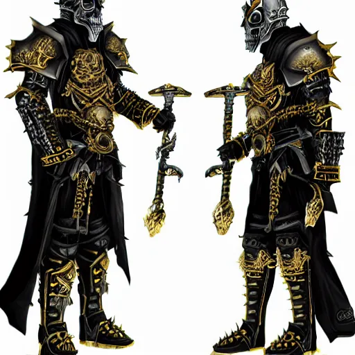 Image similar to lich king wearing black and gold armor with skulls and chains, holding a two handed long straight sword with golden handle, wearing spiked crown helmet with skull mask concept art artstation