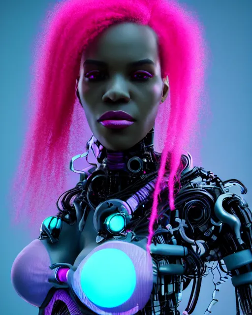 Image similar to portrait of a beautiful black woman with pink hair as a cyberpunk cyborg half robot, revealing wires and electronics, hooked - up, sci - fi, missing panels, intricate abstract upper body intricate artwork, concept art, octane render, deviantart, cinematic, key art, hyperrealism, iridescent accents, portrait photograph, nikon 3 5 mm, photograph by greg rutkowski