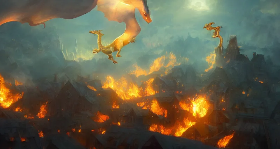 Image similar to book illustration of flying charizard dragon above the village. Burning houses dragon fire breath. Atmospheric beautiful by Eddie mendoza and Craig Mullins. volumetric lights