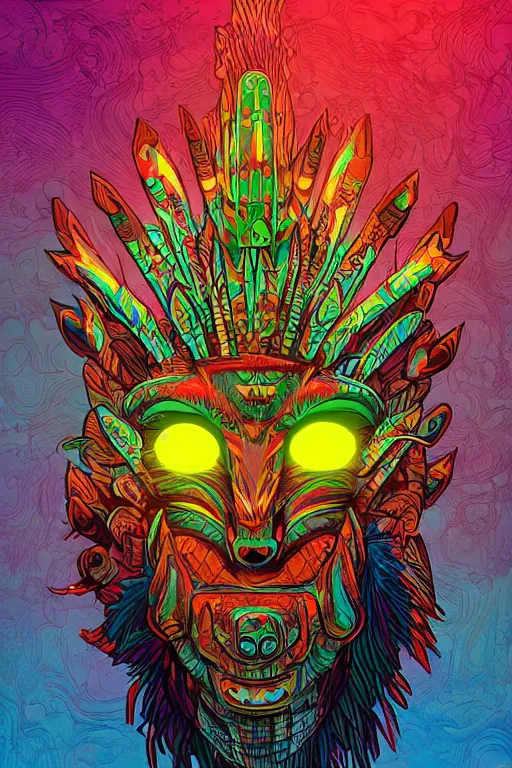 Image similar to totem animal tribal chaman vodoo mask feather gemstone plant video game illustration vivid color borderlands by josan gonzales and dan mumford radiating a glowing aura