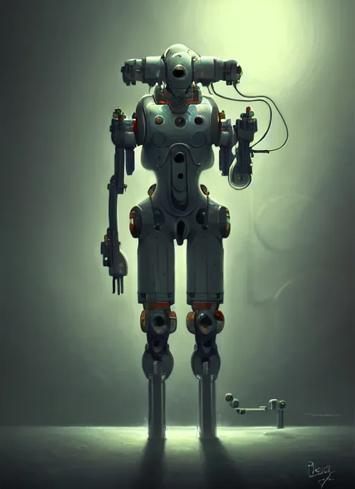Prompt: a mech suit working at a lab, diffuse lighting, fantasy, highly detailed, photorealistic, digital painting, artstation, illustration, concept art, smooth, sharp focus, in the style of tom bagshaw