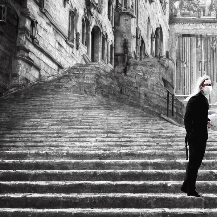 Image similar to cinematic movie, background is castle and steps, with a silver mask, silver wavy hair, black suit, 4 k