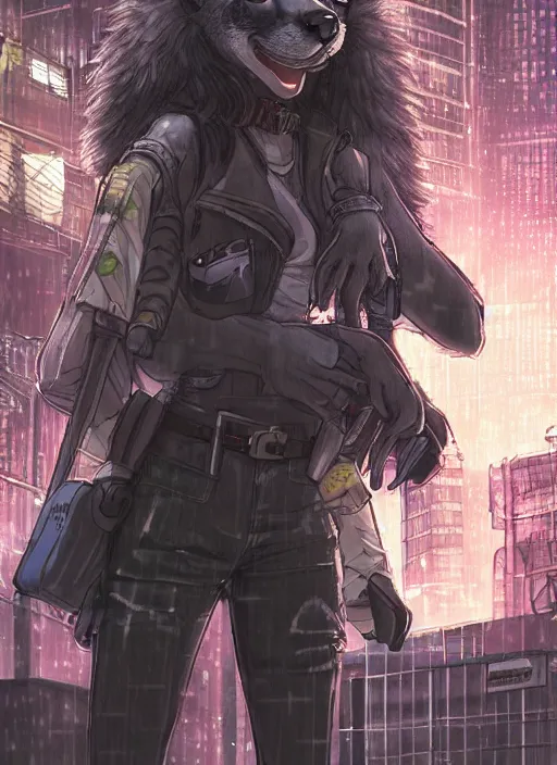 Image similar to character portrait of a female anthro hyena fursona with a cute beautiful attractive furry face and long black curly hair wearing a police flak jacket in a cyberpunk city at night while it rains. hidari, color page, tankoban, 4K, tone mapping, Akihiko Yoshida.