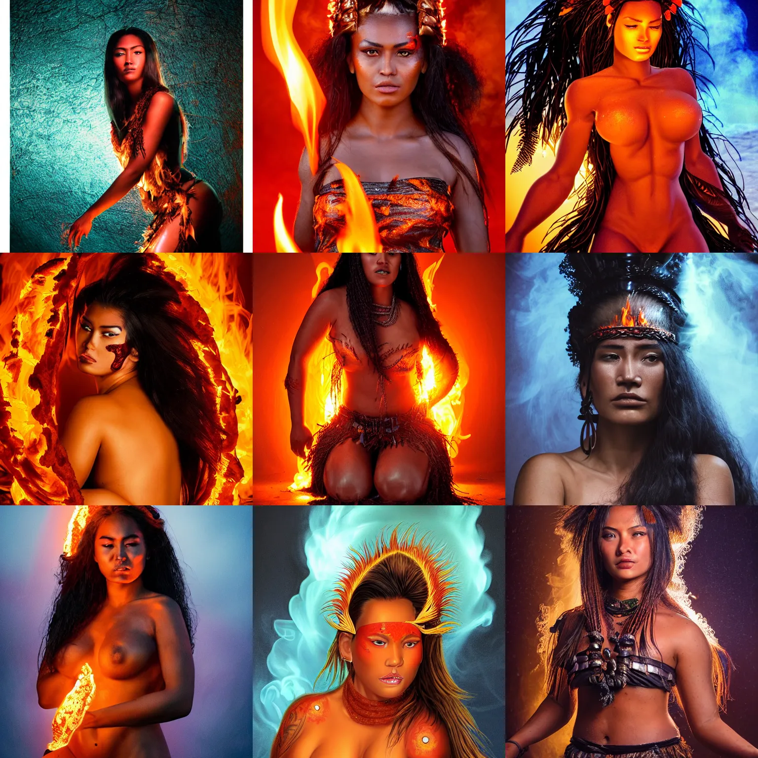 Prompt: A very beautiful Polynesian woman, lava and fire goddess, is captured in a depth of focus shot with dramatic lighting, rim lights, and high level of detail. She is composed completely of lava, with melting skin and flames for hair. Character is in all her magnificence and is in a naturally calm stance, with air smoke and particles in the atmosphere as well as decorative clouds.