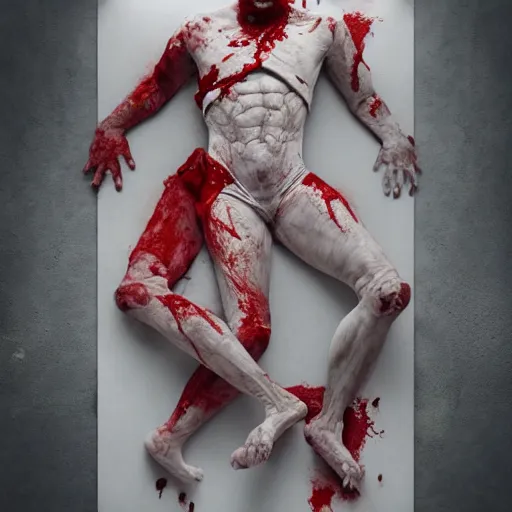 Image similar to hyperrealistic mixed media image of human corpse origami, broken bones and blood, stunning 3 d render inspired art by greg rutkowski and xiang duan and thomas eakes, perfect symmetry, flesh texture, realistic, highly detailed attributes and atmosphere, dim volumetric cinematic lighting, 8 k octane detailed render, post - processing, masterpiece,