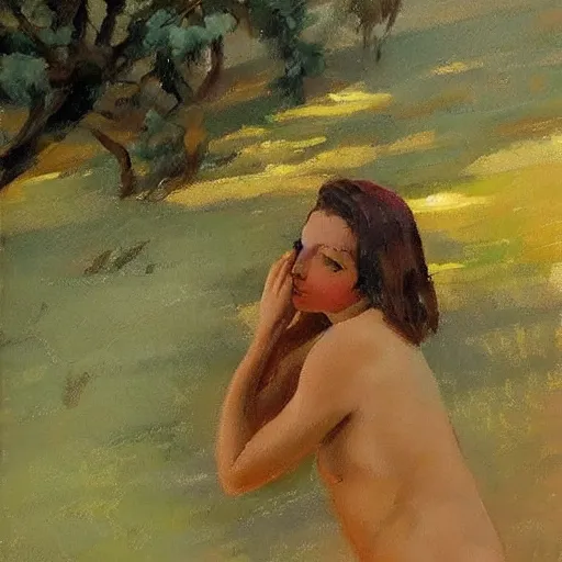 Prompt: A body art of a beautiful scene of nature. The colors are very soft and muted, and the overall effect is one of serenity and peace. The composition is well balanced, and the brushwork is delicate and precise. by Patricia Polacco, by Raymond Leech