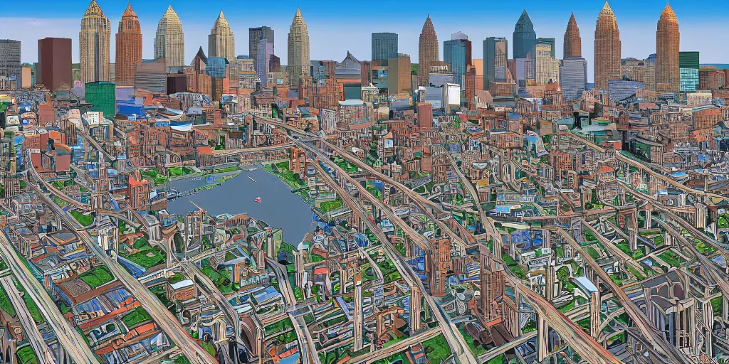 Image similar to cleveland skyline, escher, masterpiece, highly detailed, 4 k