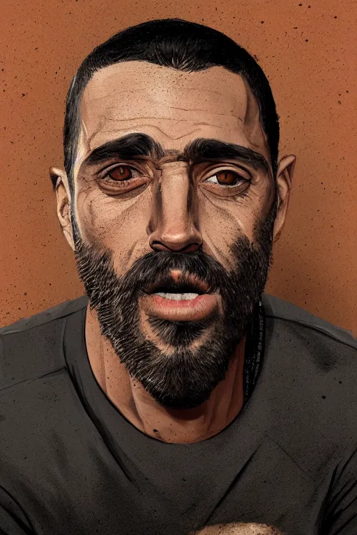 Prompt: very detailed portrait of a rugged man in his early thirties, strong jaw, ( ( deep black eyes ) ), ( ( ( latino features ) ) ), wearing a black!! t - shirt, earthy color scheme, by wlop and tyler oulton, detailed eyes, starry background, trending, on artstation.