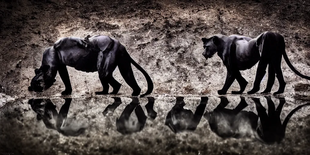 Image similar to the black lioness made of tar, dripping tar, dripping goo, sticky black goo, bathing in the pit filled with tar, dripping goo, sticky black goo. photography, dslr, reflections, black goo, rim lighting, cinematic light, tar pit saturated